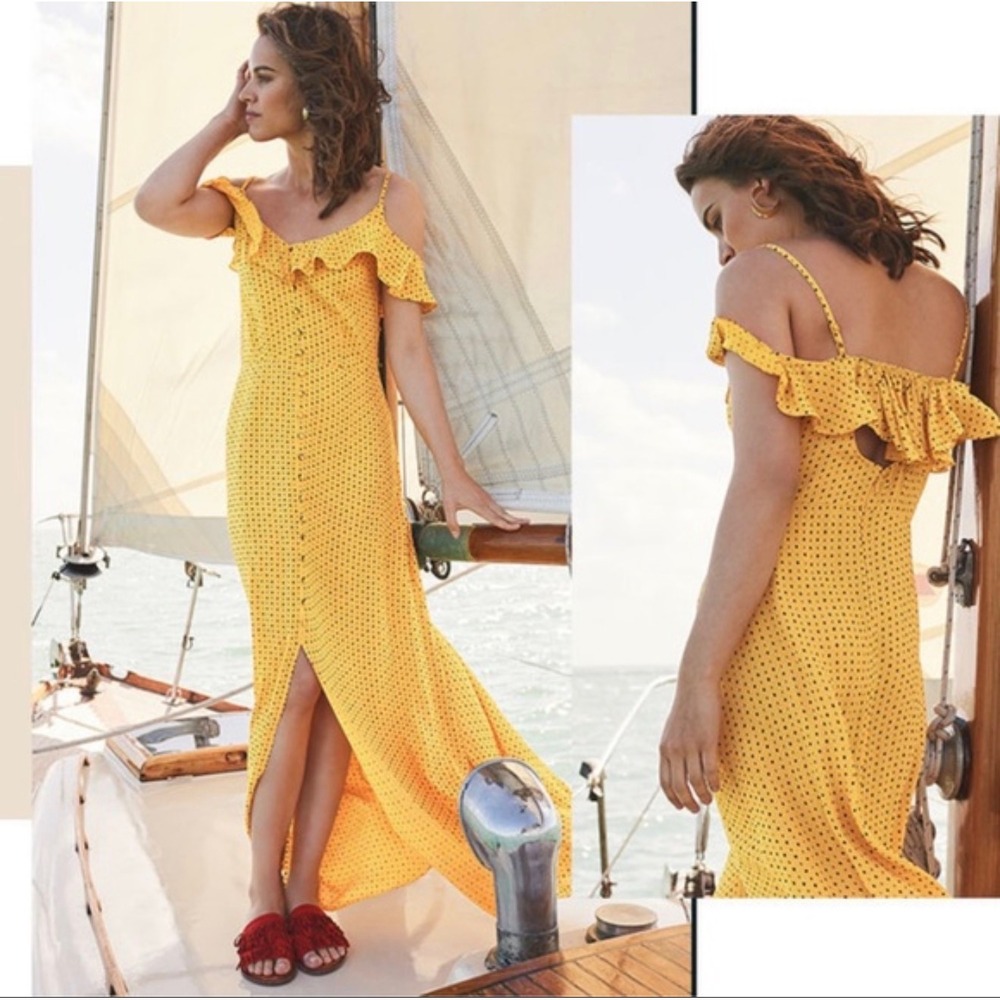 Long Tall Sally Yellow Polka Dot Ruffle Maxi Dress US 14 Tall Boho Sun Dress